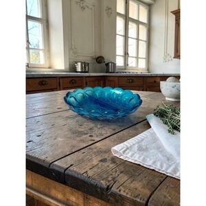 Vintage Anchor Hocking Blue Divided Relish Dish - 2 Part Glass Serving Tray - C